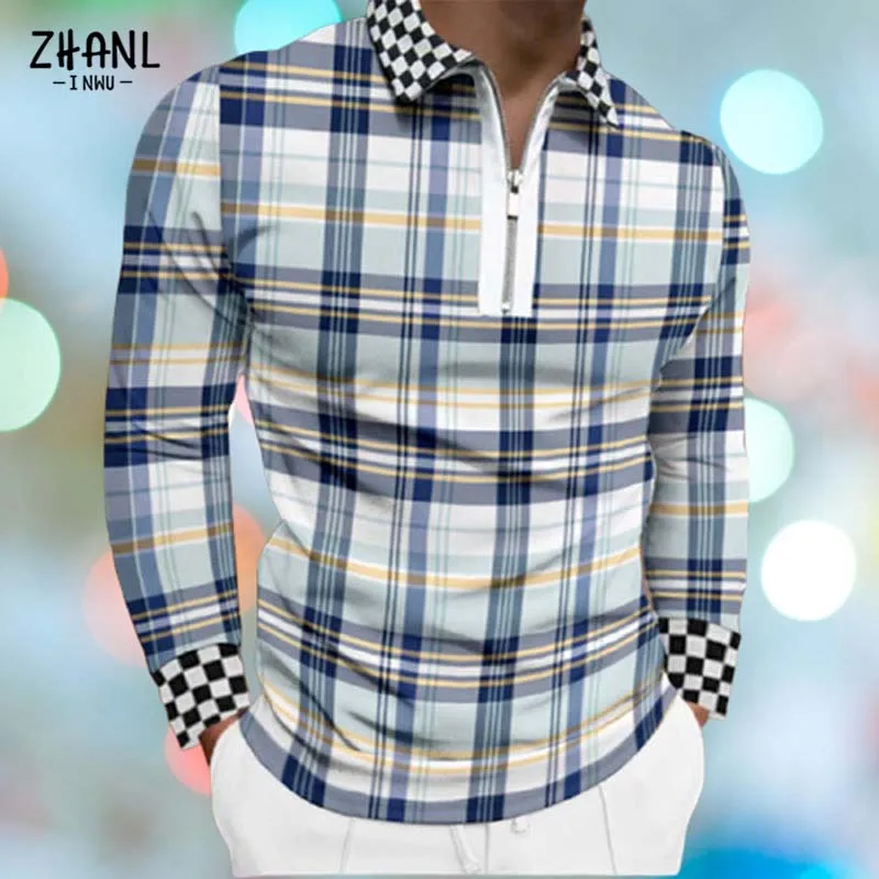 

Fashion Patchwork Polo Shirts Men Plaid Casual Zip up Turn down Collar Long Sleeve Tops Vintage Casual Male Slim Polo Shirt Man