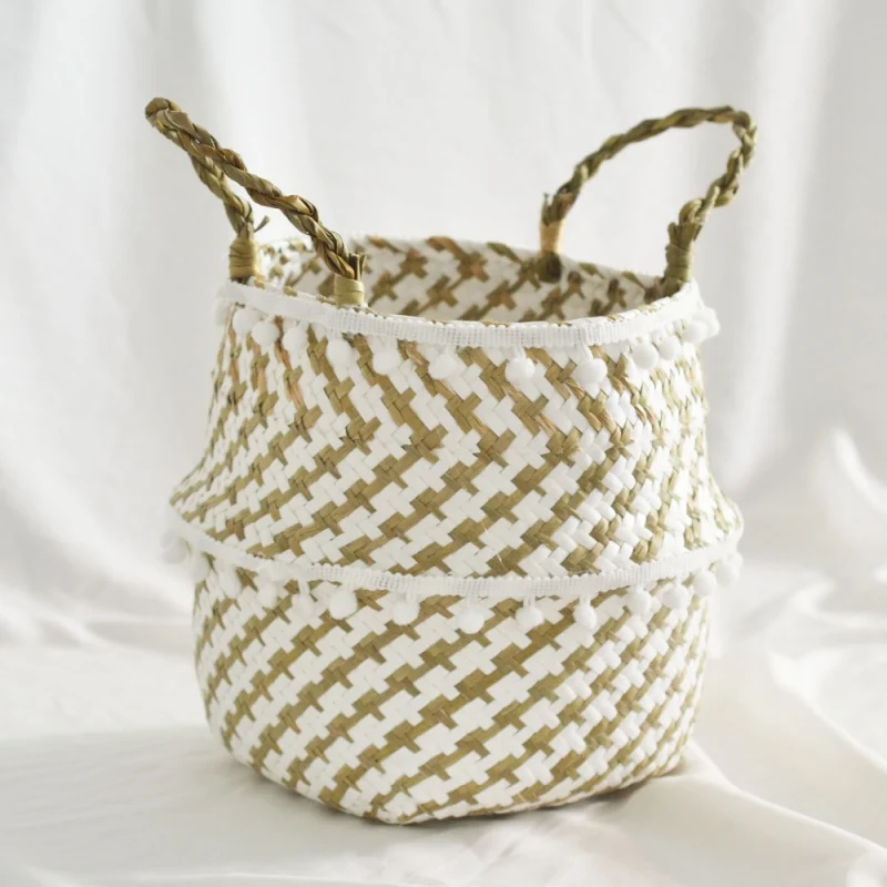 Handmade Bamboo Storage Baskets Nordic Foldable Laundry Straw Wicker Rattan Seagrass Belly Garden Flower Pot Planter Basket