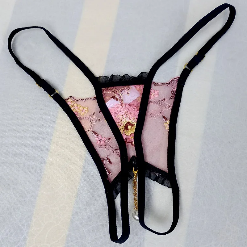 Розовые трусики-стринги с цветочной вышивкой мужские трусики открытой