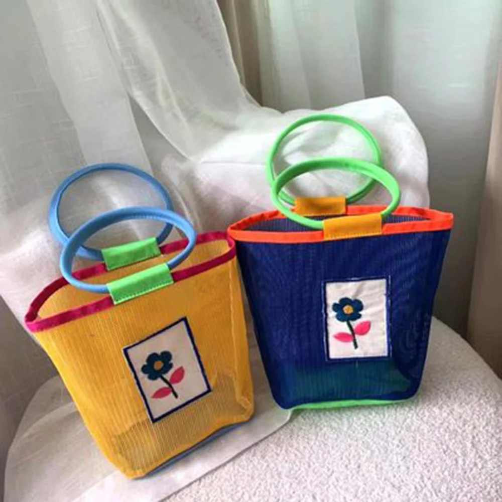 

New Summer Embroidery Flowers Hollow Net Yarn Tote Bag Women Hit Color Fishnet Bag Seaside Vacation Beach Exquisite Wrist Bags