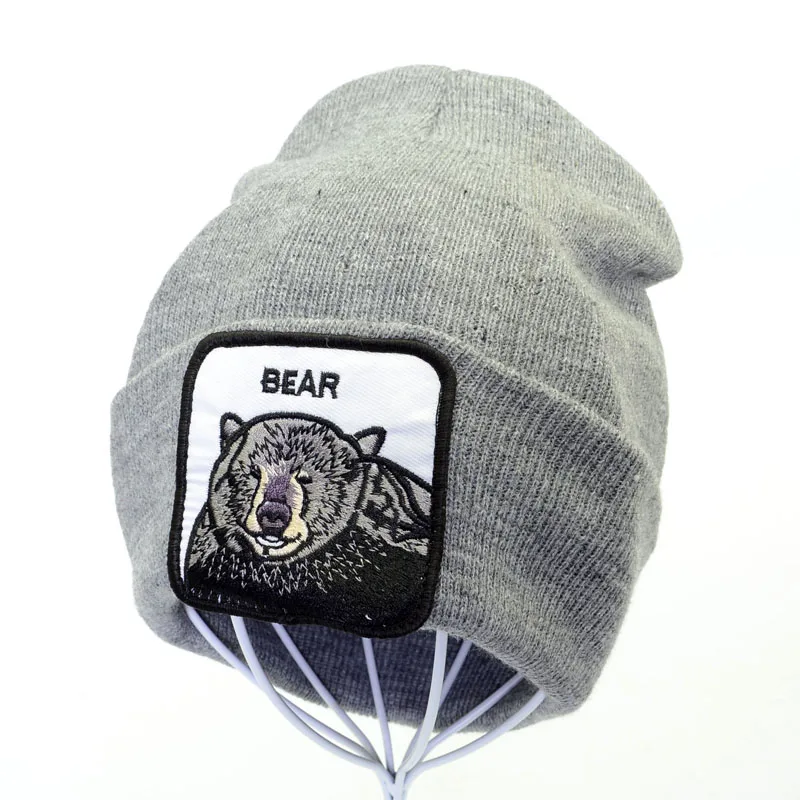 Вязаная Шапка-бини с вышивкой медведя Мужская однотонная осенне-зимняя вязаная