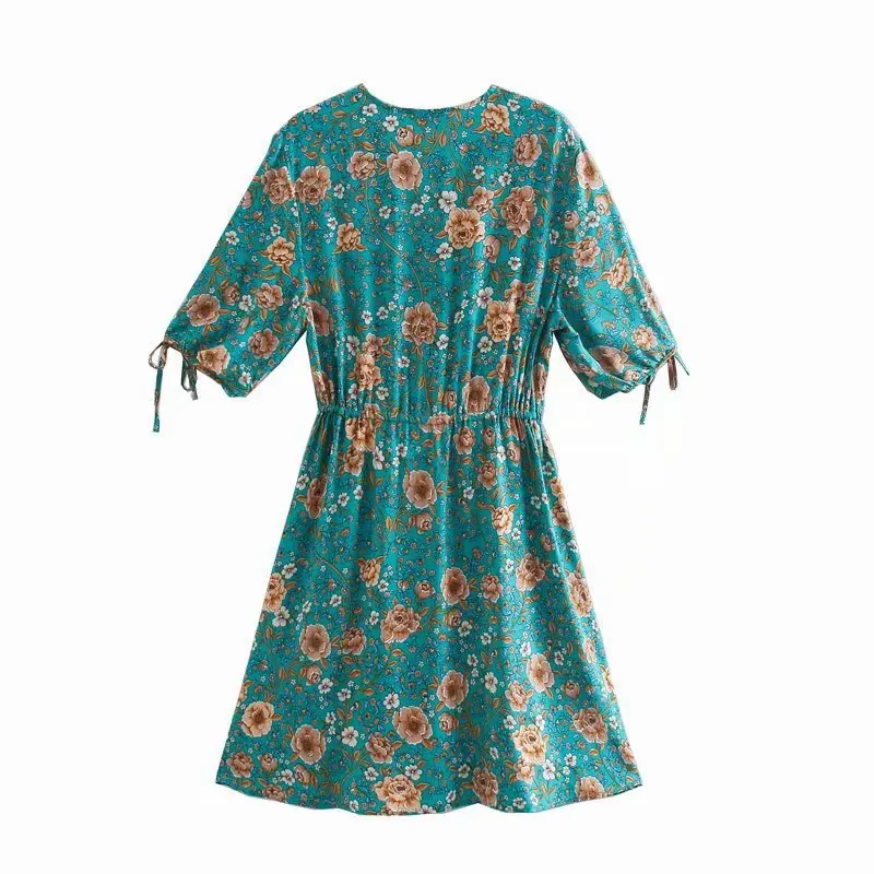 

2021 New Mini Dress Printing Bohemian A-LINE V-Neck Single-Breasted Lace-Up Short-Sleeved Seaside Holiday Beach Dress
