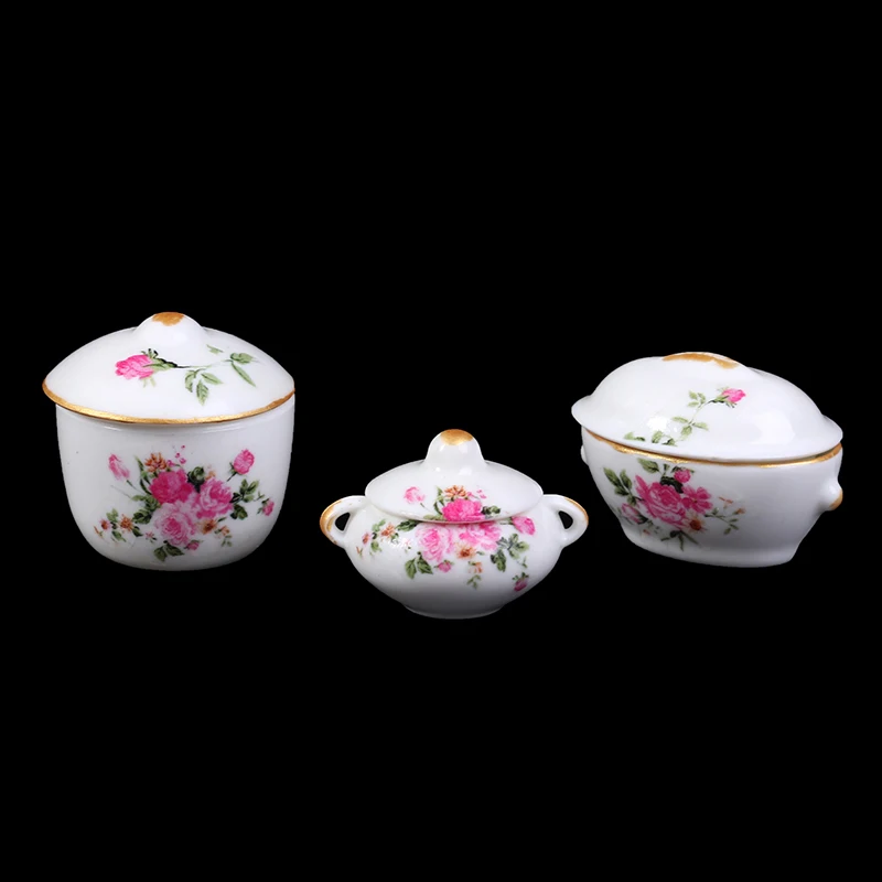 

3 шт. Кукольный дом Кухня миниатюрный кастрюля горшок крышка чаши с цветочным узором высокого качества