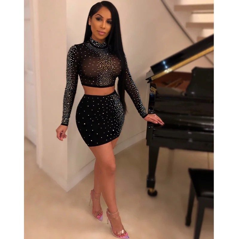 Сексуальный комплект из двух предметов прозрачной сетки Топ с длинным рукавом и