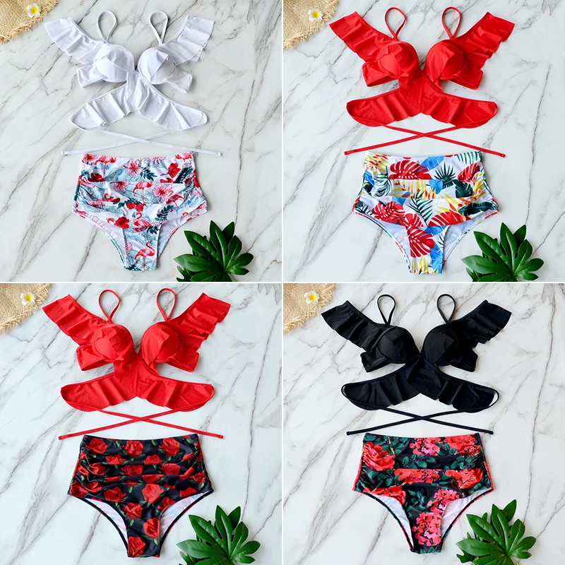 

2020 Sexy Floral Ruffle Swimsuit Women High Waist Bikini Plus Size Swimwear Cross Bandage Bikini Set Bather Bathing Suit Biquini