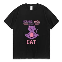 morning yoga with my meow cat t shirt men cartoon funny pattern print short sleeve t shirt unisex summer cotton cute tees tops