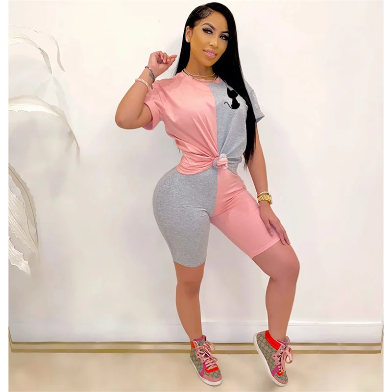 

Fashion Colorful Women Shorts+T Shirts Y2k Female Tees Shorts Summer Femme Elastic Slim Set Oversized Color Contrast Womenswear