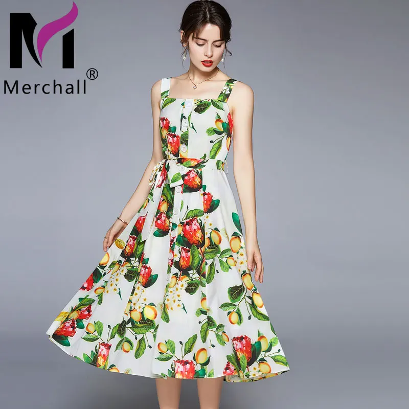 

Merchall 2021 Summer Holiday Sexy Spaghetii Strap Backless Dress Woman Elegant Bow Sashes Sleeveless Flower Print Dresses M77027
