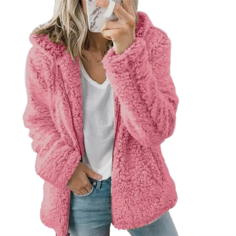 

Female Femme Fall/Winter New Women's Casual Hooded Pure Color Lamb Wool Thick Loose Woolen Coat