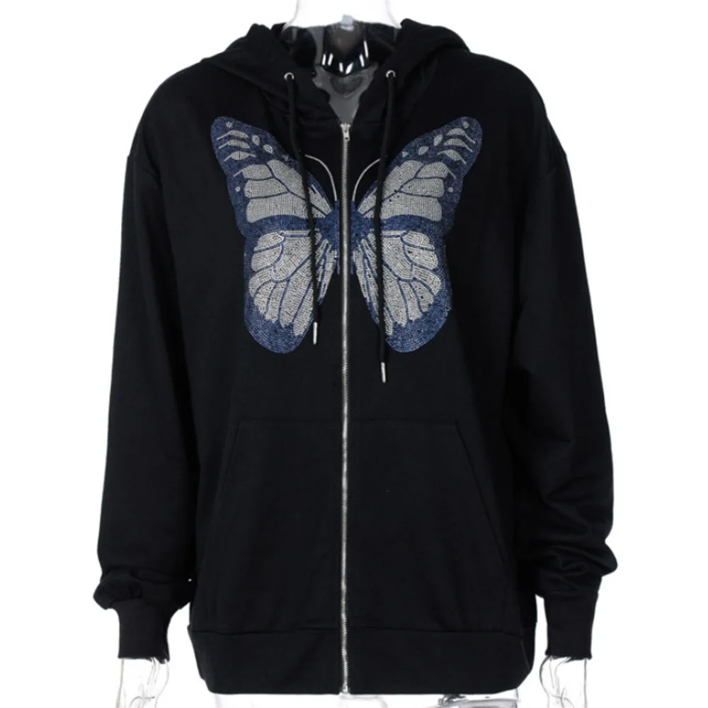 

Fashion Trend Street Style Women's New Casual Tops, Butterfly Hot Diamond Printing Long-sleeved Zipper Hooded Sweater Women