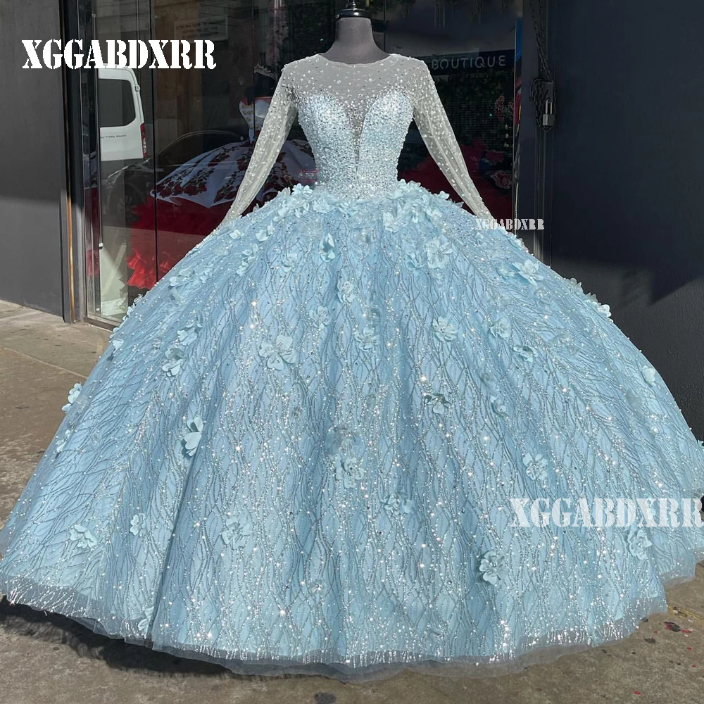 

Princess Ball Gown Quinceanera Scoop Long Sleeves Heavy Beading Sequins Flower Sweet 15 16 Birthday Party Gown Custom Made
