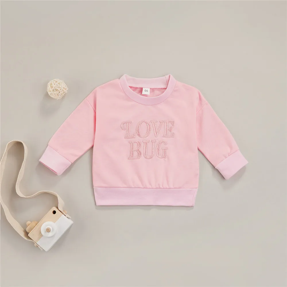 

3 Colors Baby Toddler Casual Long Sleeve Sweatshirt Cute Love Bug Letter Embroidery Loose Pullover Top For Boy And Girls 2021