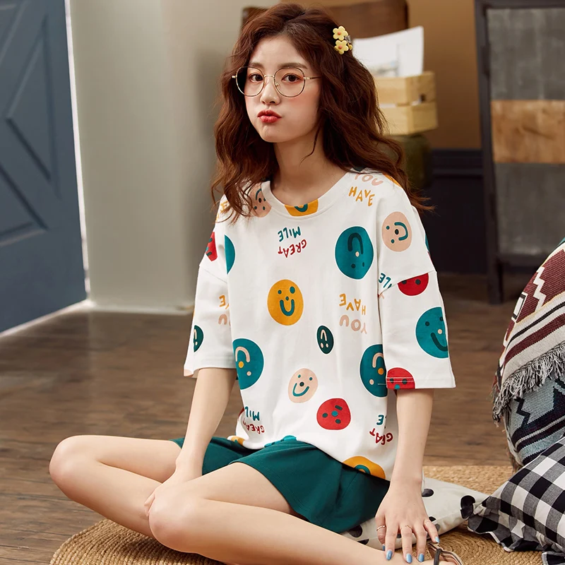 

Women Pajama Sets Casual Print Loose Breathable Sleepwear Short Sleeve and Shorts Summer Home Clothing Female Loungewear Sweet