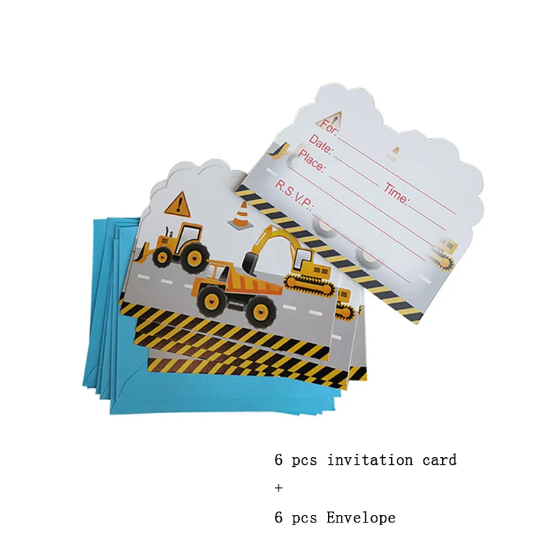 invitation card 6set Мультфильм автомобиль вечерние одноразовая посуда тарелка Салфетка скатерть чашки строительная техника ко дню рождения украшения, товары для вечеринки - Цвет: invitation card 6set