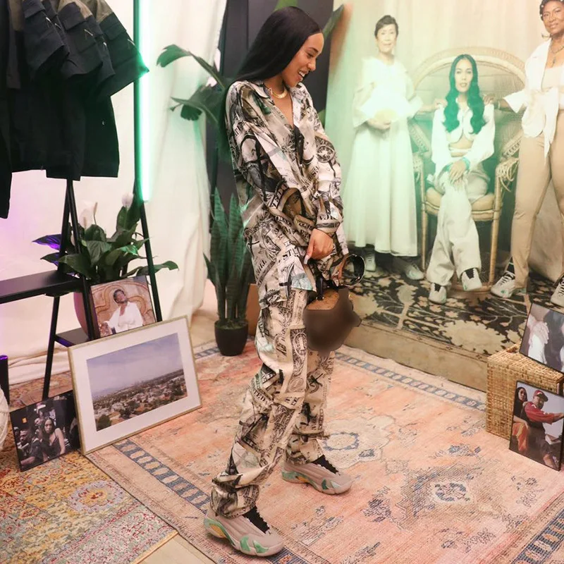 Женские брюки с принтом доллара крутая рубашка на пуговицах отложным воротником