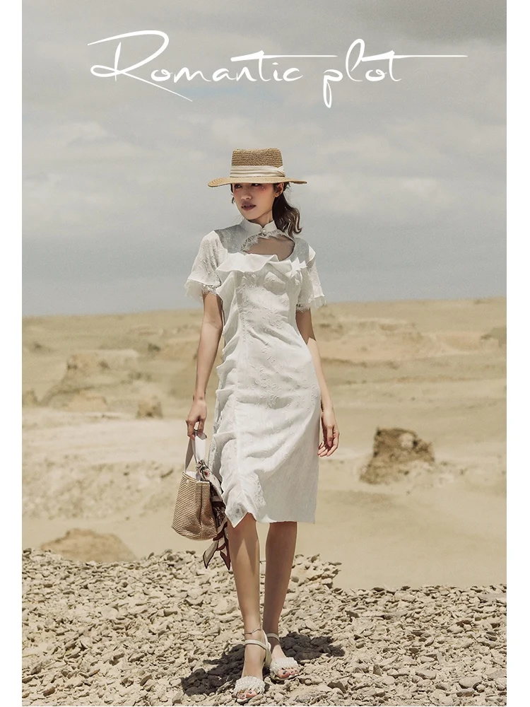 

AIGYPTOS Original design white lace ruffled three-dimensional jacquard improved mid-length cheongsam dress 2020