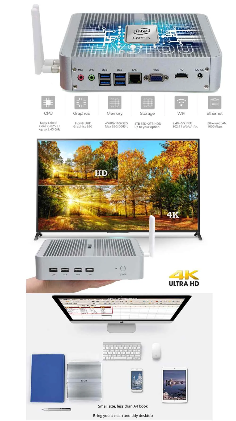 HYSTOU FMP03B мини ПК i5 8250U 8-го поколения 8 ГБ+ 256 ГБ двухъядерный Win10 DDR4 Intel HD Graphics 620 3,5 ГГц безвентиляторный Настольный ПК