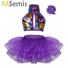 Girl Modern Jazz Hiphop Dance Costume Kids Shiny Sequins Crop Top Tutu Skirt Flower Hair Clip Standard Ballroom Dancing Clothing
