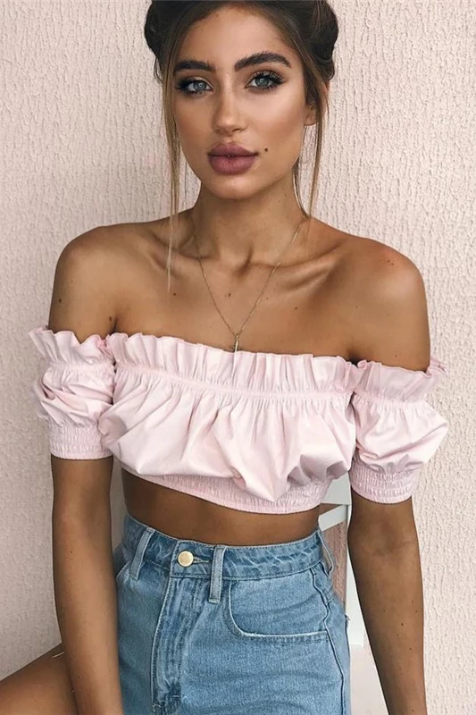 

2020 Sale Kpop Europe And America Net New Solid Color Word Puff Sleeve Short Paragraph Exposed Navel Lotus Leaf T-shirt Female