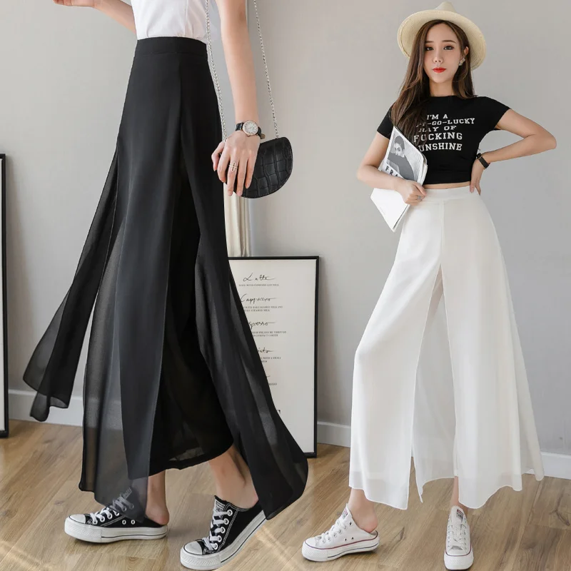 Шелковые шифоновые широкие брюки с высокой талией в Корейском стиле женские