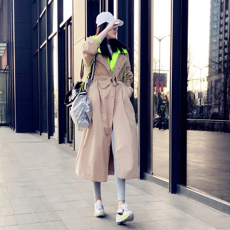 Тренч с капюшоном Женский Длинная ветровка в Корейском стиле уличная одежда