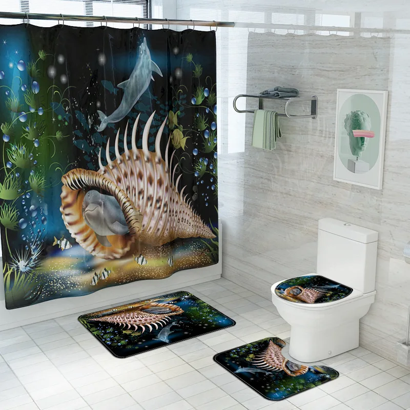 

3D Flannel Bathroom Carpet Non-slip Toilet Rugs Ocean World Bath Mat and Shower Curtain Set Toilet Seat Lid Cover Pedestal Rugs