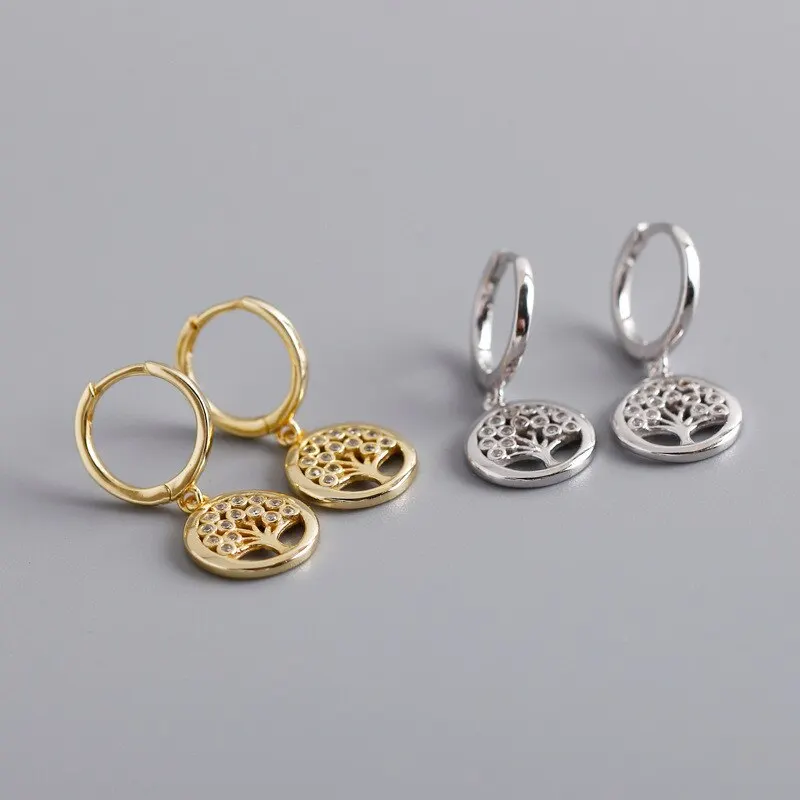 

A00766 New Trendy 925 Sterling Silver White CZ Round Tree of Life Tassel Stud Earrings for Women Party Wedding Jewelry