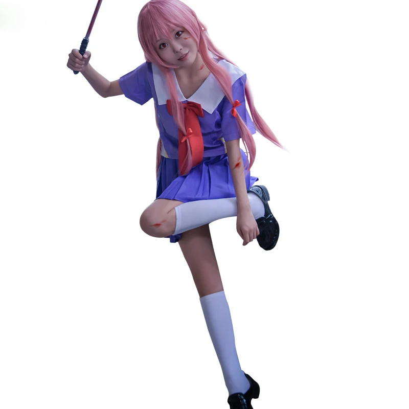 1 set Anime Future Diary Gasai Yuno School Uniform Tops Skirt Suit Wig Synthetic Hair Cosplay Costume Prop for Women Girl Gift |
