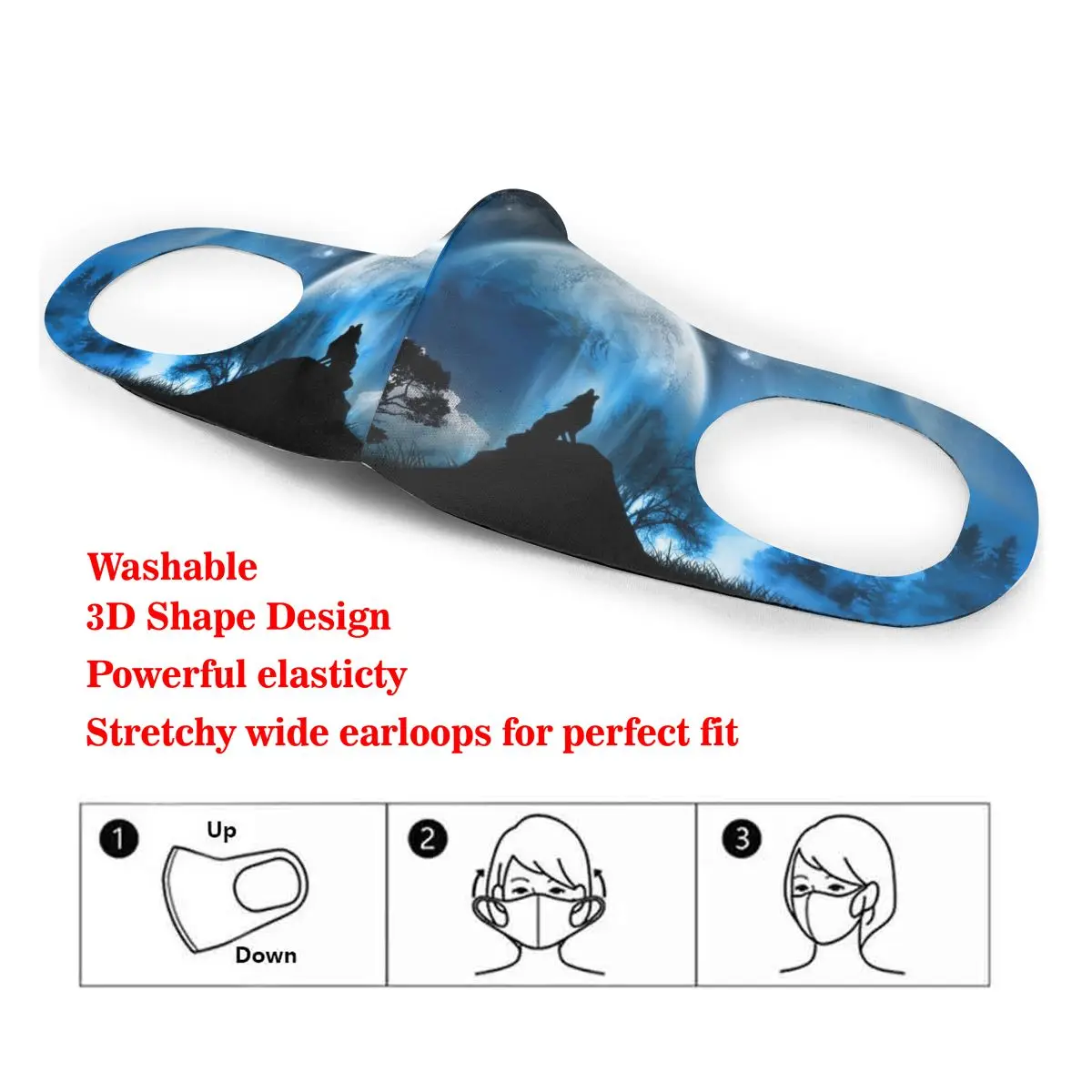 

Washable Earloop Mask 3D Wolf Fantasy Artwork Night Moon Cycling Anti Dust Mouth Face Care Respirator for Summer