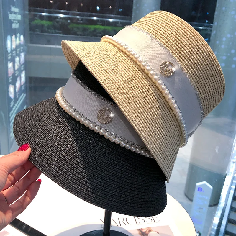 

Европейский и американский новый стиль весна/лето нашивка, стразы жемчуг, женский стиль, элегантный солнцезащитный козырек пляжная соломен...