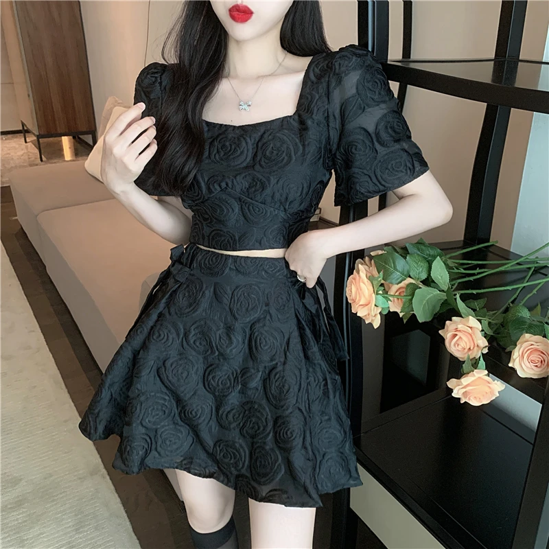 

Summer Women Temperament 2 Pieces Sets Women's Elegant Square Collar Puff Sleeve Sweet Crop Top + Lace Up A-Line Mini Skirt Suit