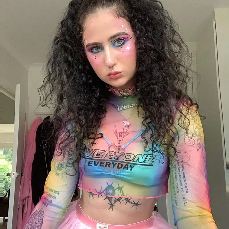 BOOFEENAA галстук краситель с буквенным принтом сетчатая тонкая футболка длинным