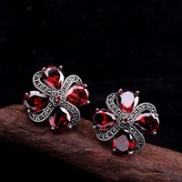 925 sterling silver natural stone ethnic garnet earcuff for women plum blossom retro vintage fine jewelry bijoux