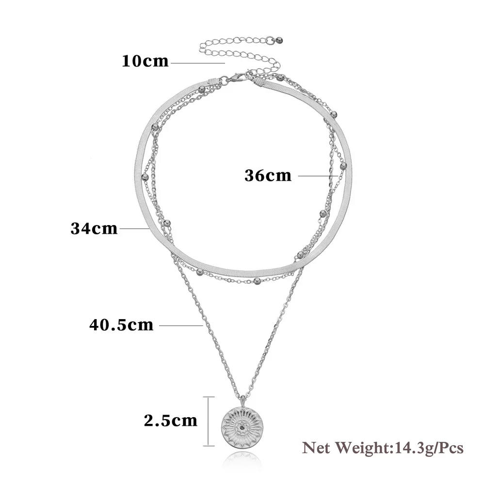 

Retro Alloy Women Gold Silver Plated Coin Pendant Chain Necklace Christmas New Three-layer Clavicle Chain Metal Flat Snake Chain