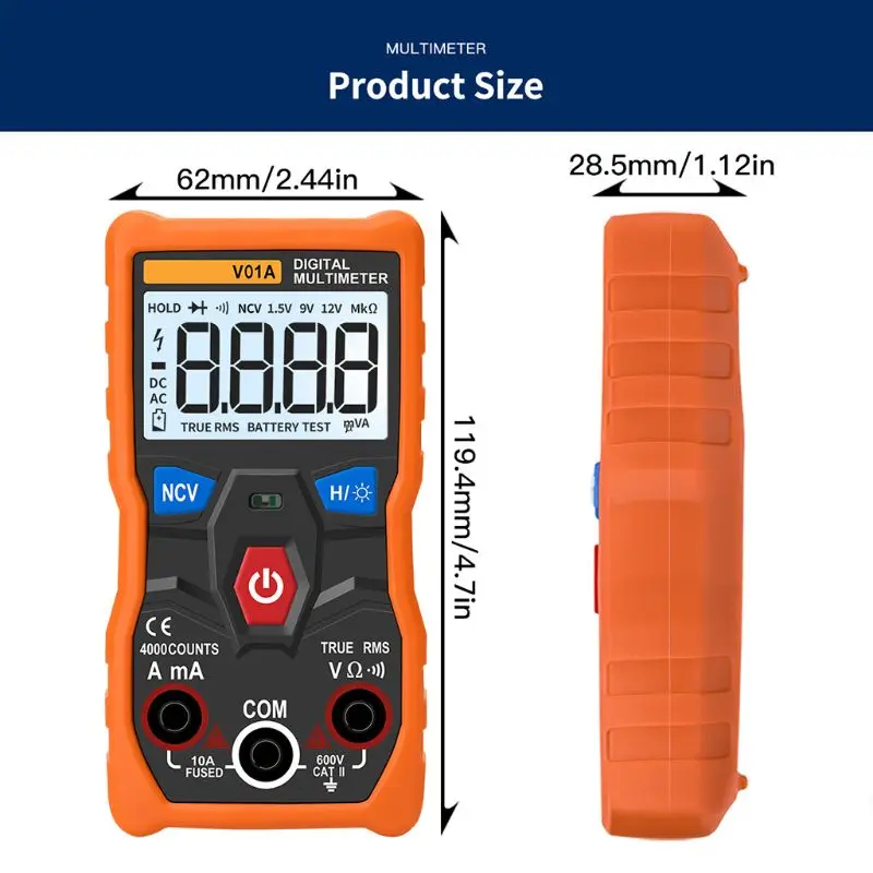 

V01A Digital Multimeter Auto Range True RMS NCV DATA HOLD Backlight Flashlight 964E