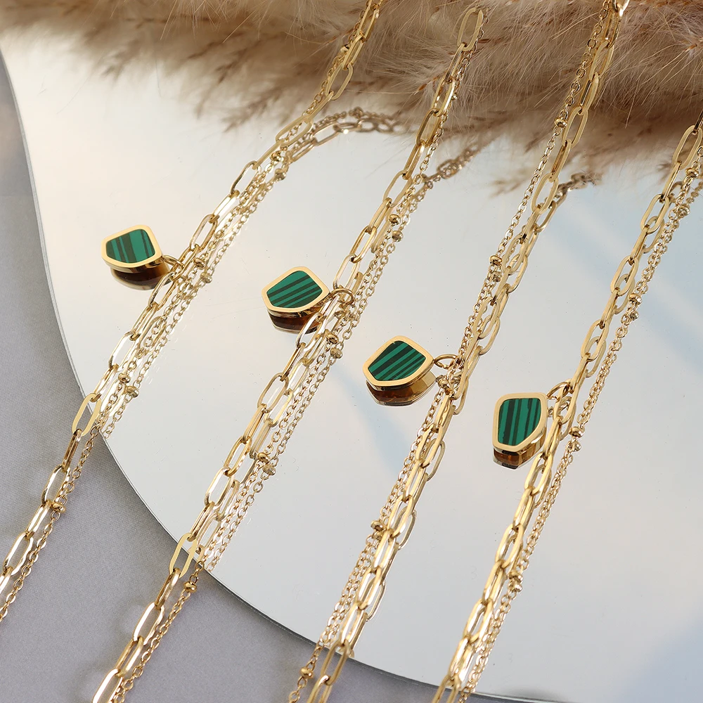 

Hot Sell Double Layer Bracelets Chain With Green Acrylic Geometric Pendant Bracelets Stainless Steel Bracelet for Women