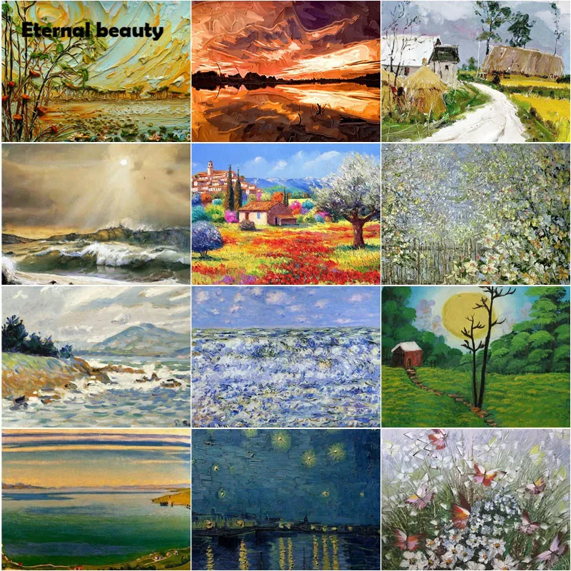 

5D Diy Diamond Painting Landscape Art Oil Painting Colorful Flowers and Trees Houses Full Square Rhinestones Diamond Embroidery