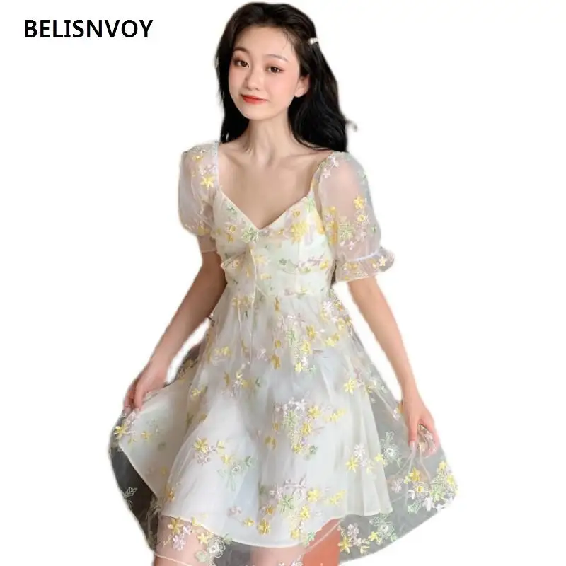 

French Floral Dress Women Sexy Puff Sleeve Lace Chiffon Print Mini Dress Women Summer Korean Style Vintage Fairy Korean Dress