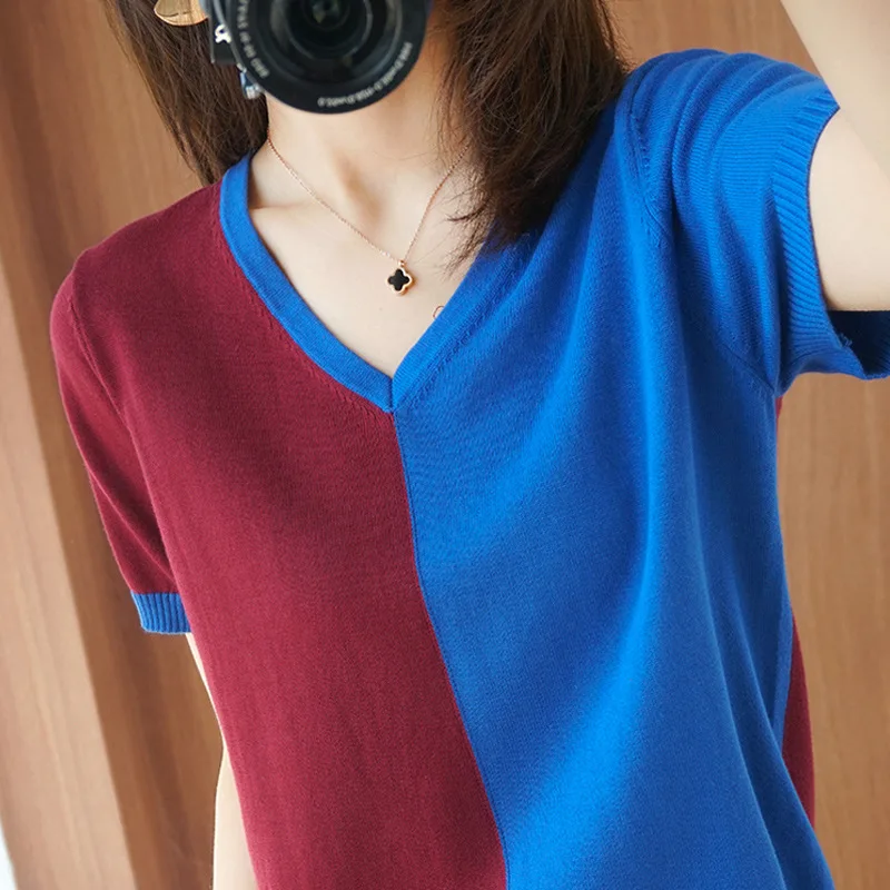 

5 Colors Summer Patchwork Short Sleeve Thin Sweater Knitted Pullover Korean Women V-neck Loose Basic Tops Pull Femme Jumper