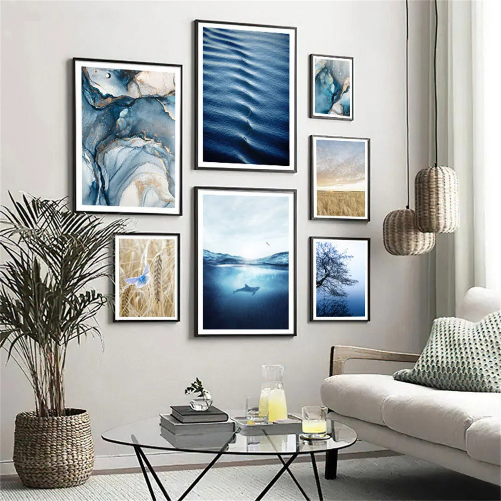 Blue Ocean Whale Seascape Canvas Painting Nordic Nature Landscape Poster Print Scandinavian Wall Art Picture Modern Home Decor | Дом и сад