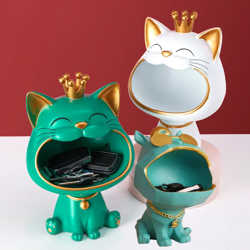 

Big Mouth Lucky Cat Big Mouth Sunglasses Dog Storage Box Resin Figurine Creative Ornaments Candy Key Organizer Home Decoration