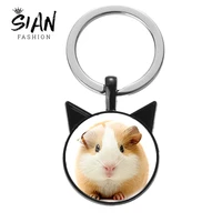 sian guinea pig keychains black wolf animal pendant glass cabochon cat ears metal holder key chain punk jewelry gift accessories