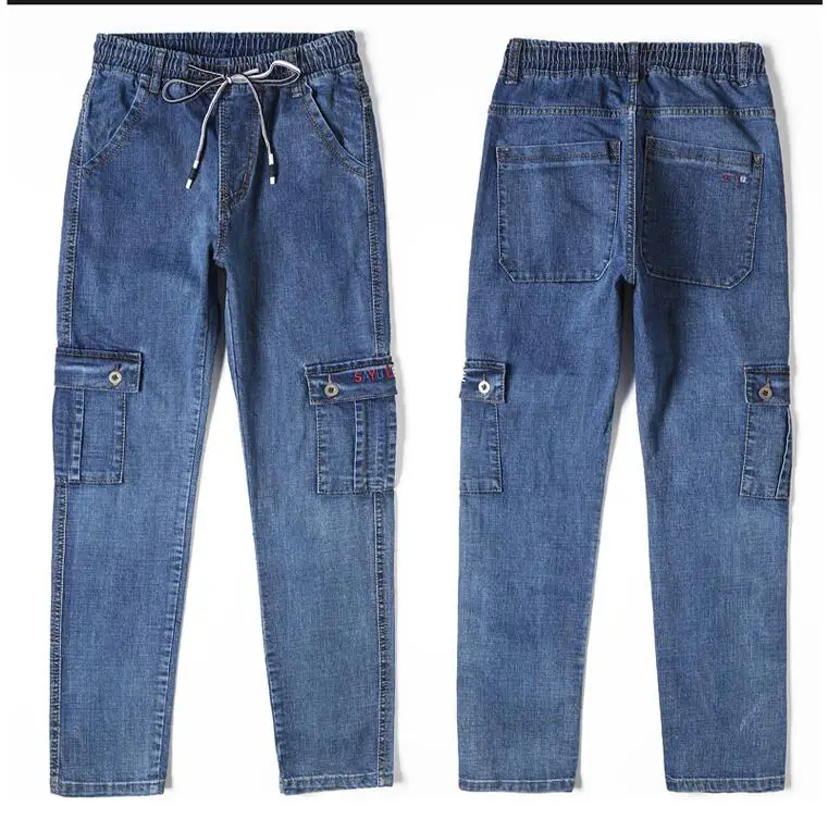 Men Jeans Loose Elastic Men Straight Tube Denim Pants Elastic Waist Crotch Maximum Suitable Weight 330lb