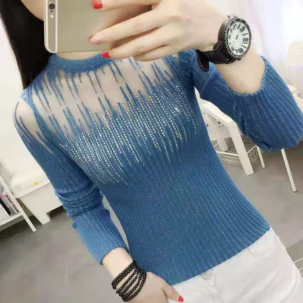 

Korean Fashion Diamonds Thin Knitted Female Hollow Out Sweaters Women 2021 Autumn Sexy Long Sleeve Top Pullover Woman Clothes