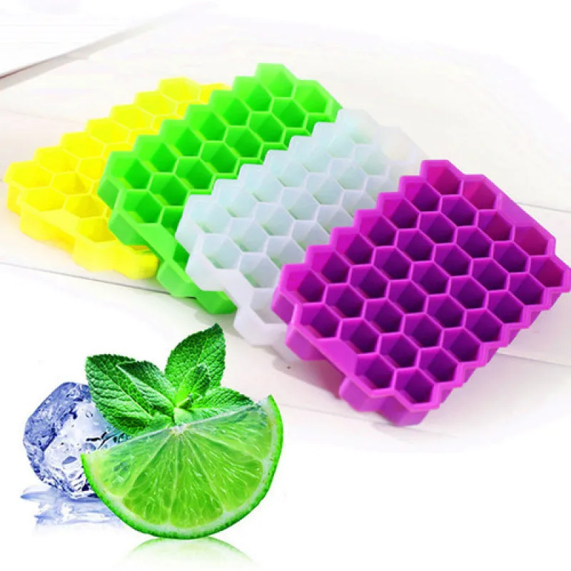 

Food grade honeycomb shape 37 cavity ice cube trays mold with removable lids flexible silicone ice mould for whiskey cocktail