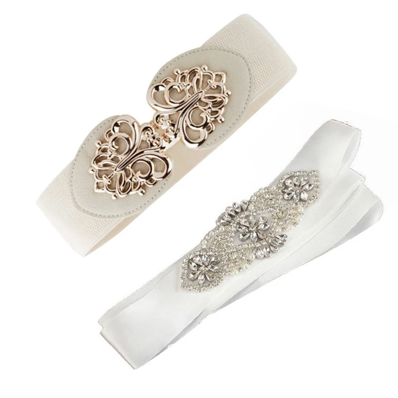 Эластичный узкий пояс для платья бежевый с атласным бисером и жемчугом