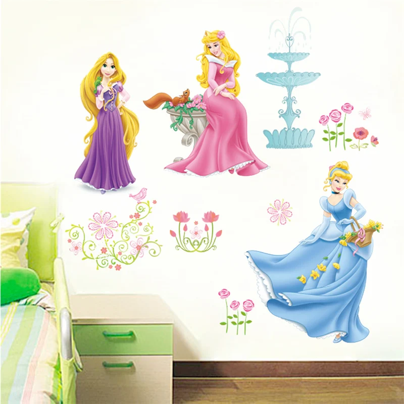 Cartoon Princess With Flowers Anime Wall Stickers For Kids Room Home Decorations Diy Movie Mural Art Girl's Decal | Дом и сад