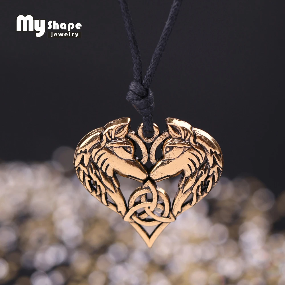 

My shape Vintage Celtics Knot Wolf Pendant Necklace for Men Couple Animal Heart Necklaces Wax Rope Chain Norse Viking Jewelry