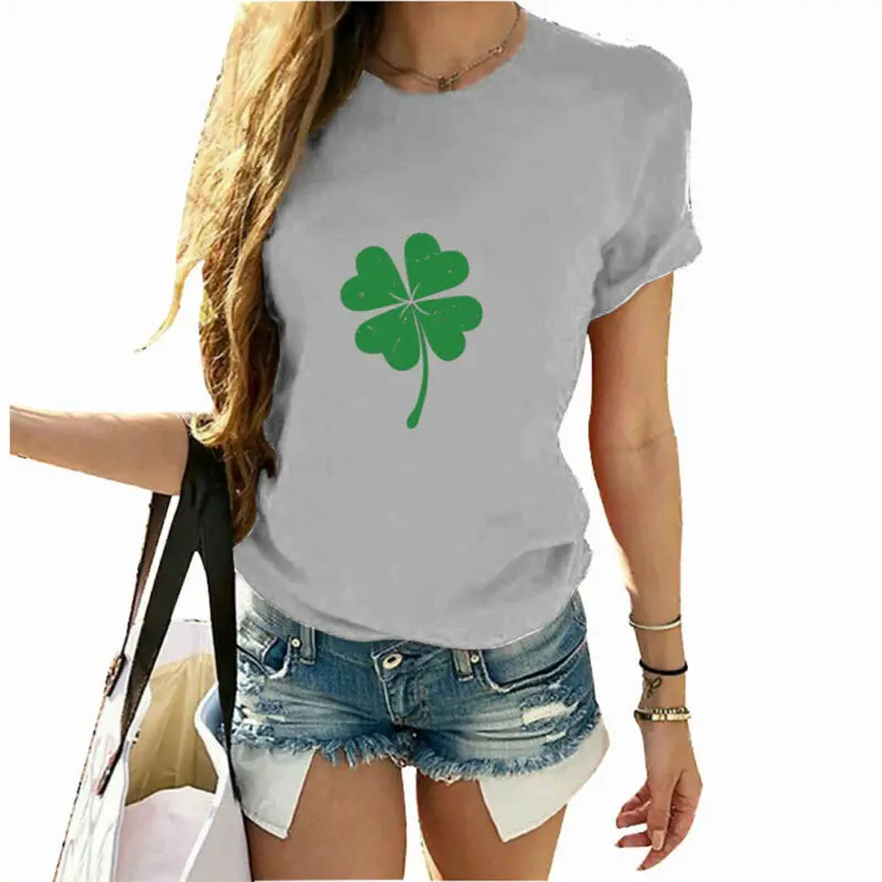 

Plus Size Womens Ladies Clover Print Short Sleeve Casual T-Shirt Blouse Tops Tee