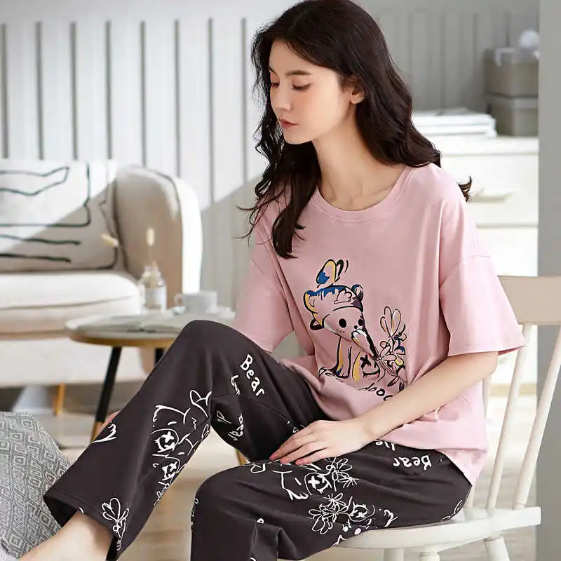 

2021 New Spring And Summer Pajamas Women's Cotton Short Sleeve Pants Casual Simple Korean Pullover Home Suit home clothing